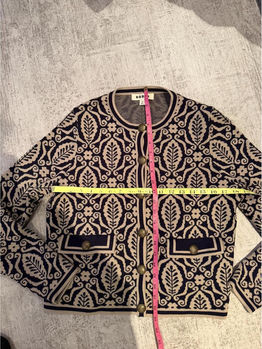 NWOT Boden Holly Cotton Knit Navy Cream Paisley Cardigan Gold Buttons US 8 - Picture 5 of 7